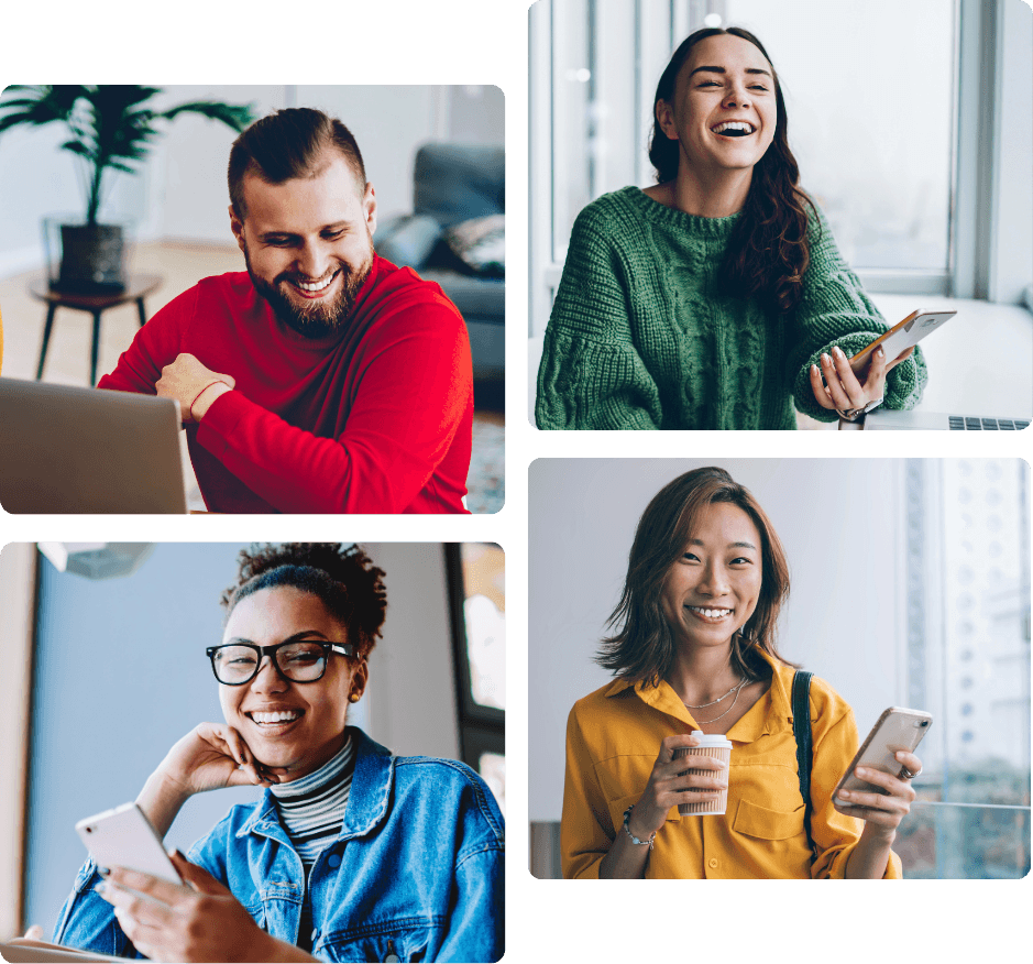 A man smiling at his laptop, a woman laughing while holding a phone, a woman smiling at her phone, and a woman on the go with coffee and a phone, representing the productivity and modern work experience ProServeIT delivers as a Microsoft Solutions Partner