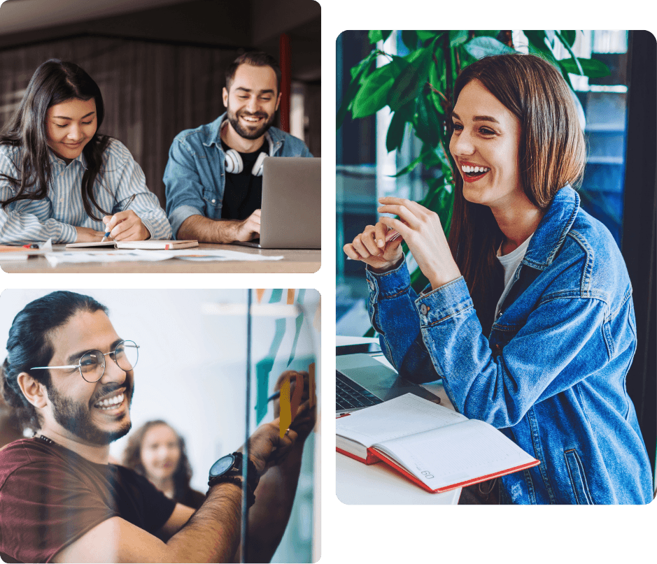 Two colleagues reviewing a strategy together at a laptop, a man smiling while adding ideas to a whiteboard, and a woman engaged in thoughtful conversation at her desk, representing ProServeIT's technology strategy and advisory services