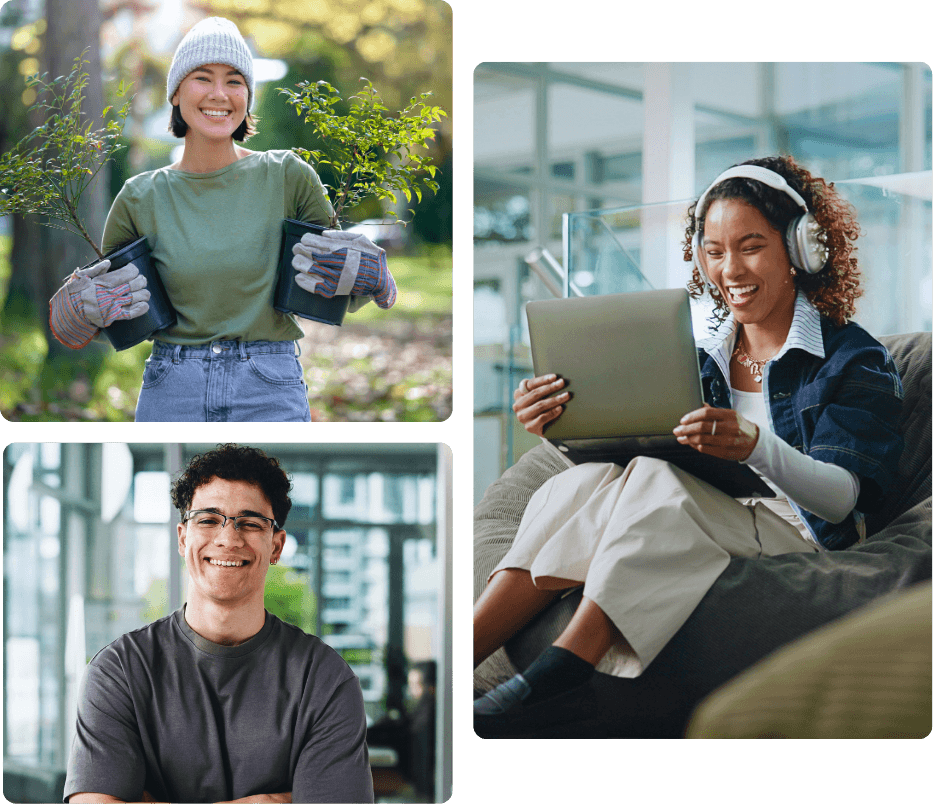 A woman tending to a plant outdoors, a young man smiling confidently, and a woman relaxing with a tablet and headphones, representing the staff and community the M.J. Murdock Charitable Trust serves, supported by ProServeIT's tailored managed IT services