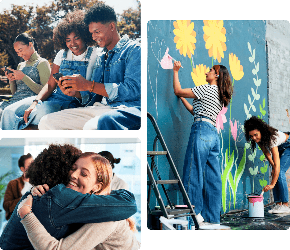 Two friends smiling while looking at a phone outdoors, two women embracing warmly, and two people painting a vibrant floral mural together, representing the community-centered mission and human connections the M.J. Murdock Charitable Trust exists to serve