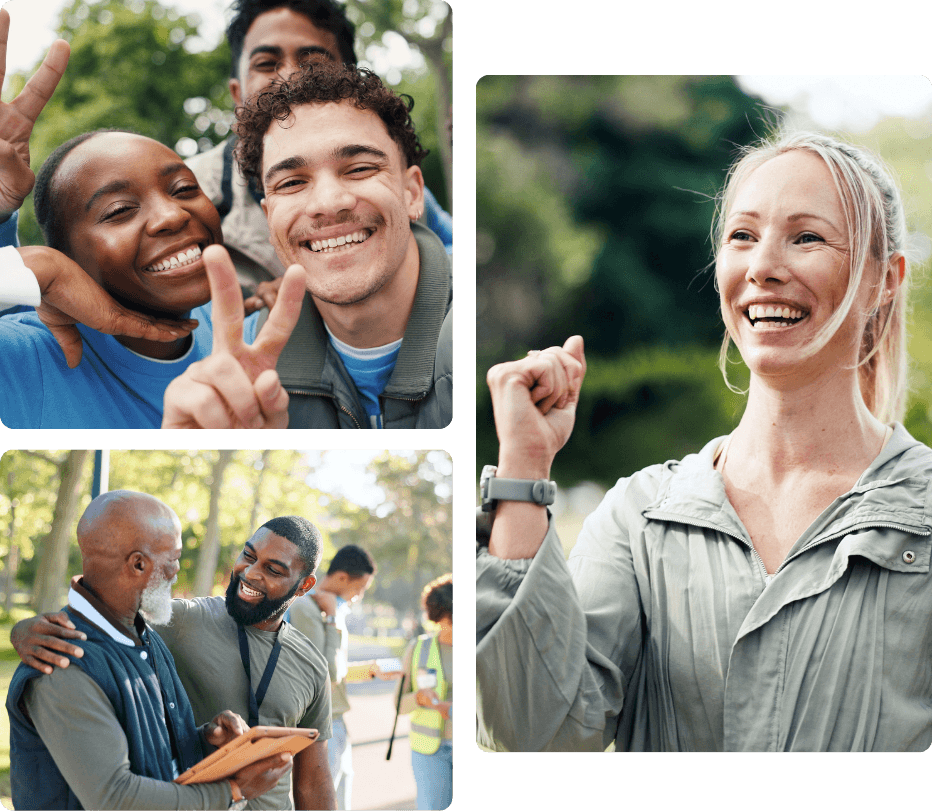 A group of young volunteers celebrating together, two community members connecting warmly outdoors, and a woman smiling with a sense of accomplishment, representing the mission-driven impact the M.J. Murdock Charitable Trust enables through its grantmaking work