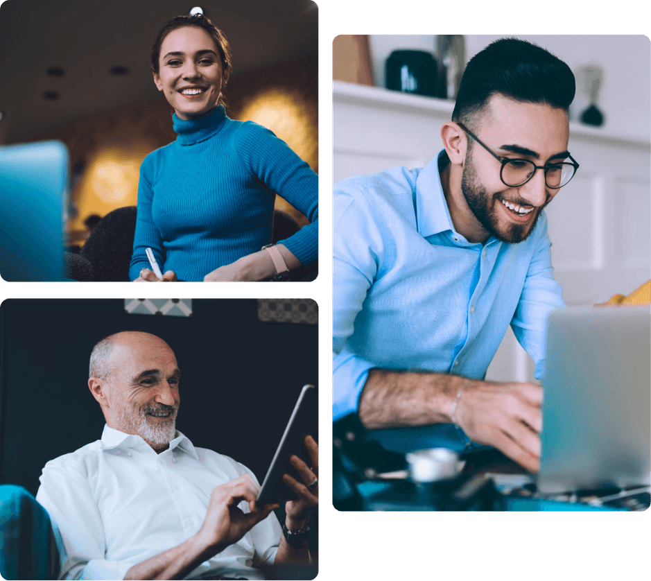 A woman working confidently at her laptop, an older executive reviewing content on a tablet, and a man focused at his computer, representing the professionals who can work with peace of mind knowing Alarm Guardian's always-on managed cybersecurity is protecting their organization around the clock