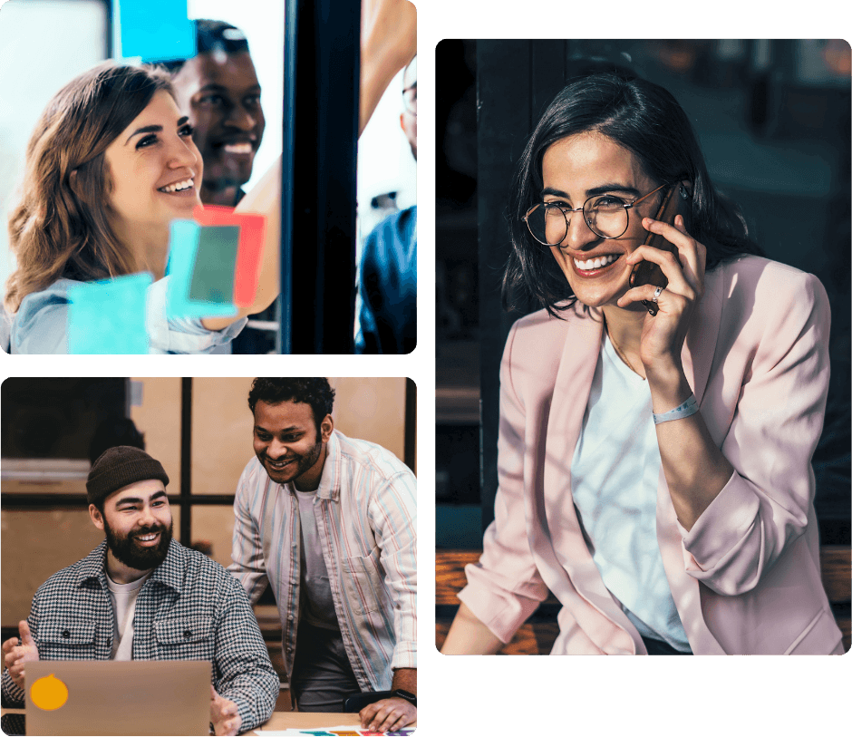 Colleagues collaborating with sticky notes on a glass wall, two teammates reviewing work on a laptop, and a woman smiling while on a phone call, representing the strategic, forward-thinking approach ProServeIT brings to technology innovation