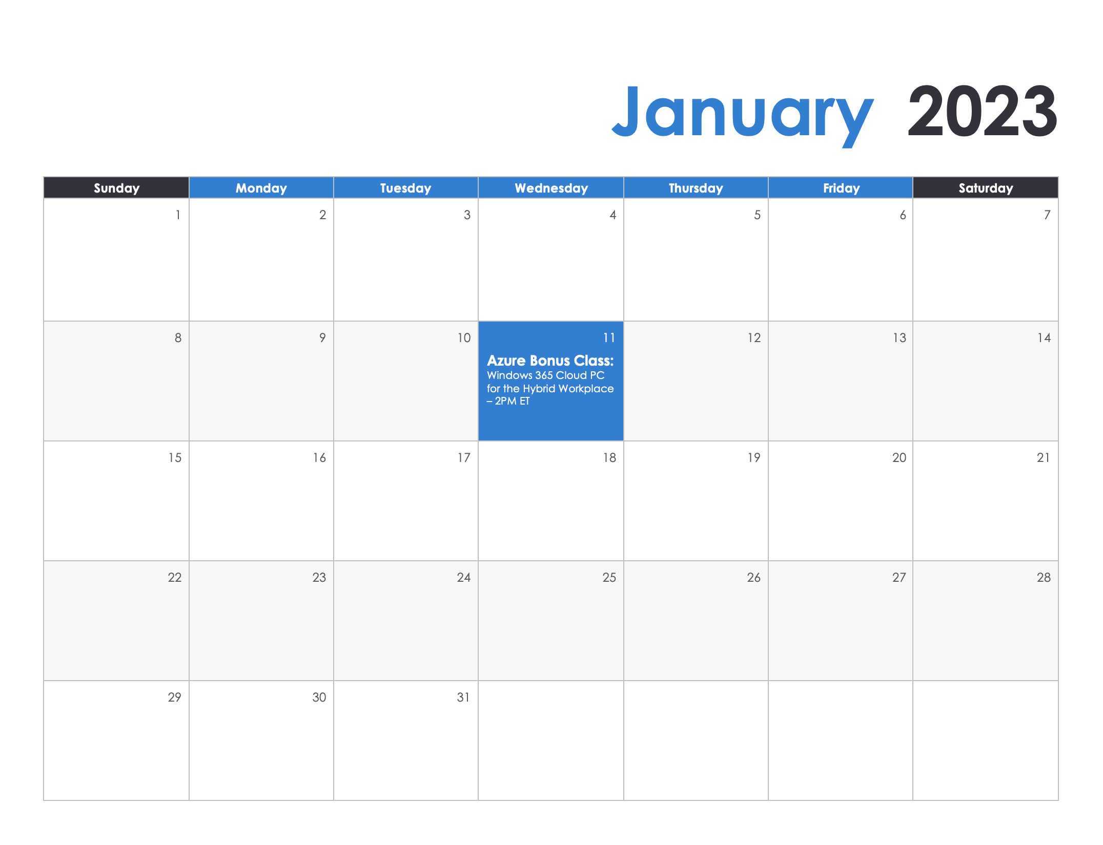 PSIT Academy Calendar - Jan