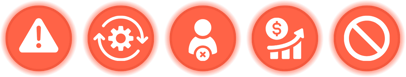 Five red icons representing IT challenges: downtime, reactive work, turnover, budget spikes, and unpredictability
