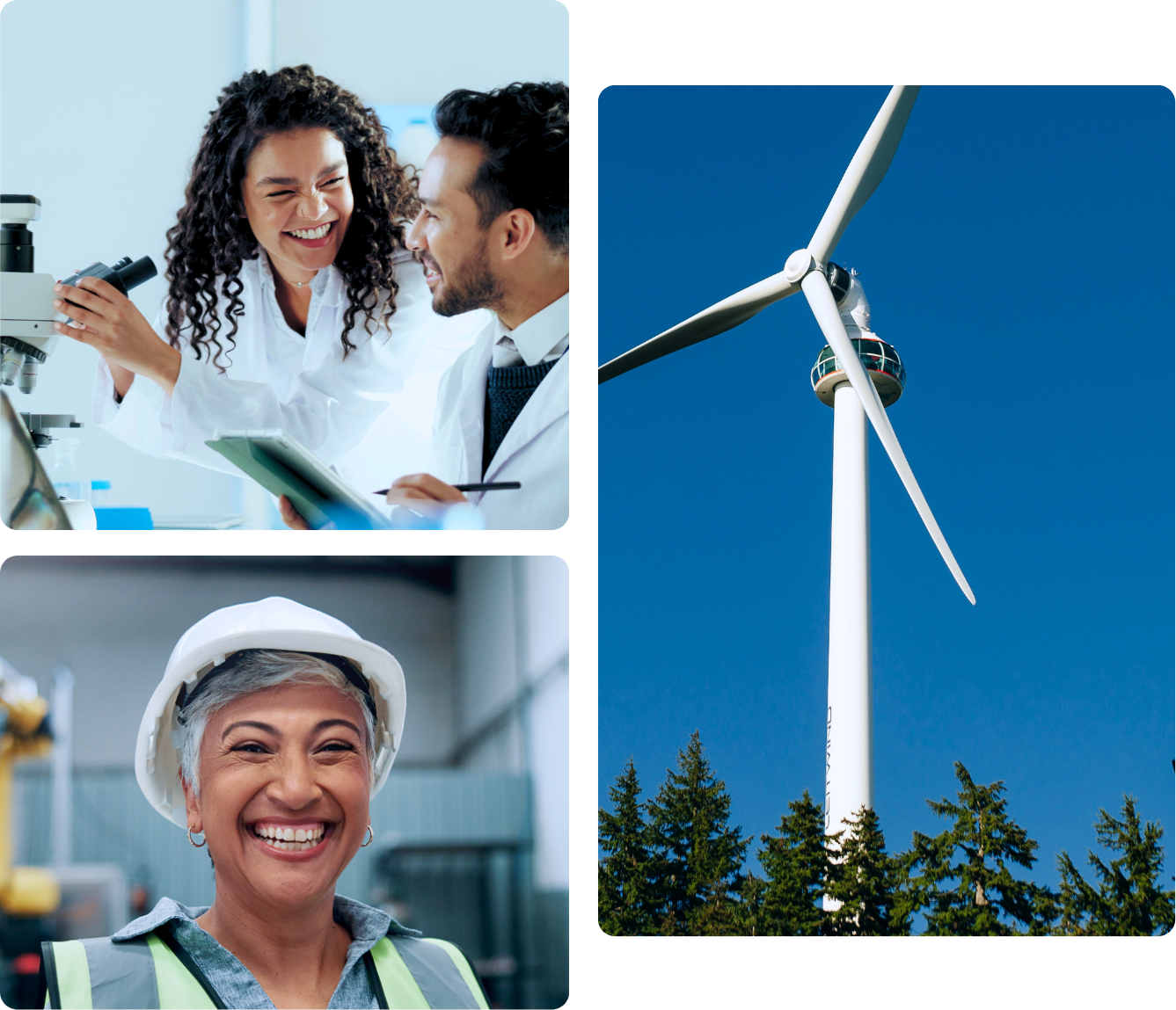 Collage of colleagues collaborating in a lab, a smiling worker in a hard hat, and a wind turbine against a blue sky
