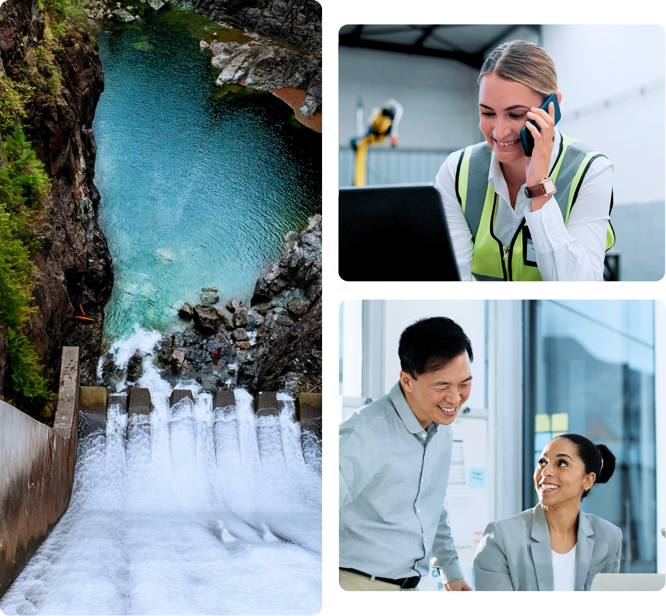 Collage of a technician at a workstation, a power engineering worker on a phone call, and industrial cooling towers