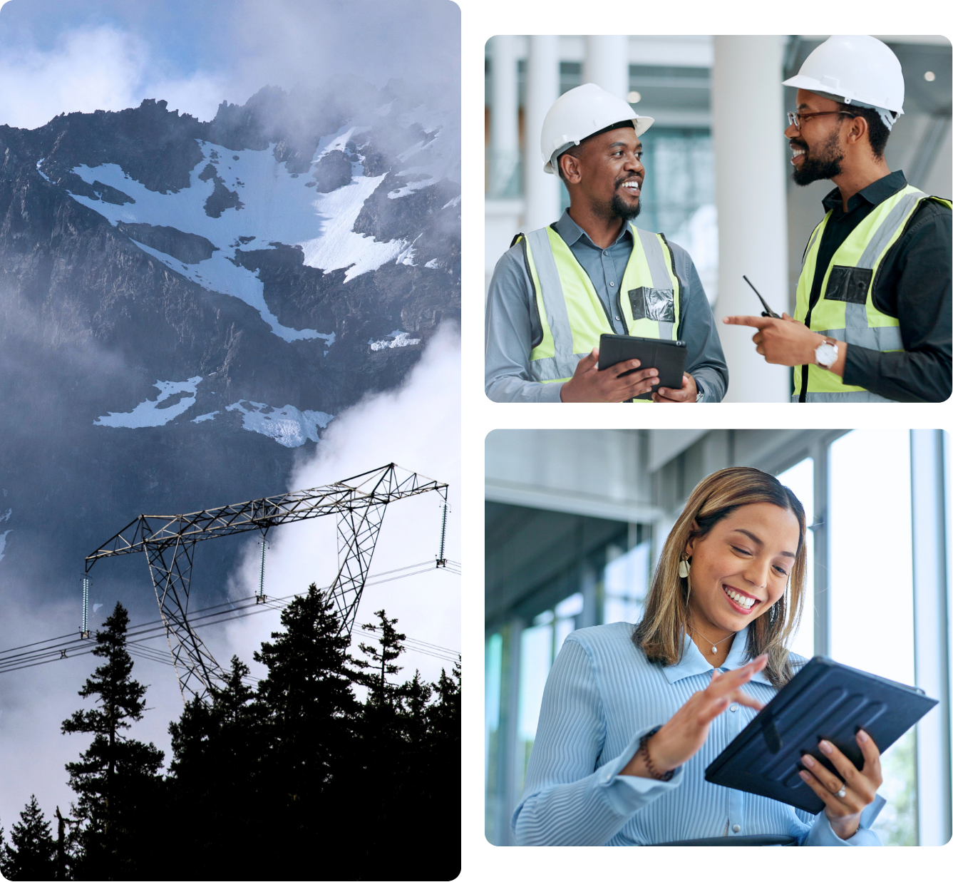 Collage of snow-capped mountains, two engineers in hard hats discussing work, and a colleague reviewing a tablet