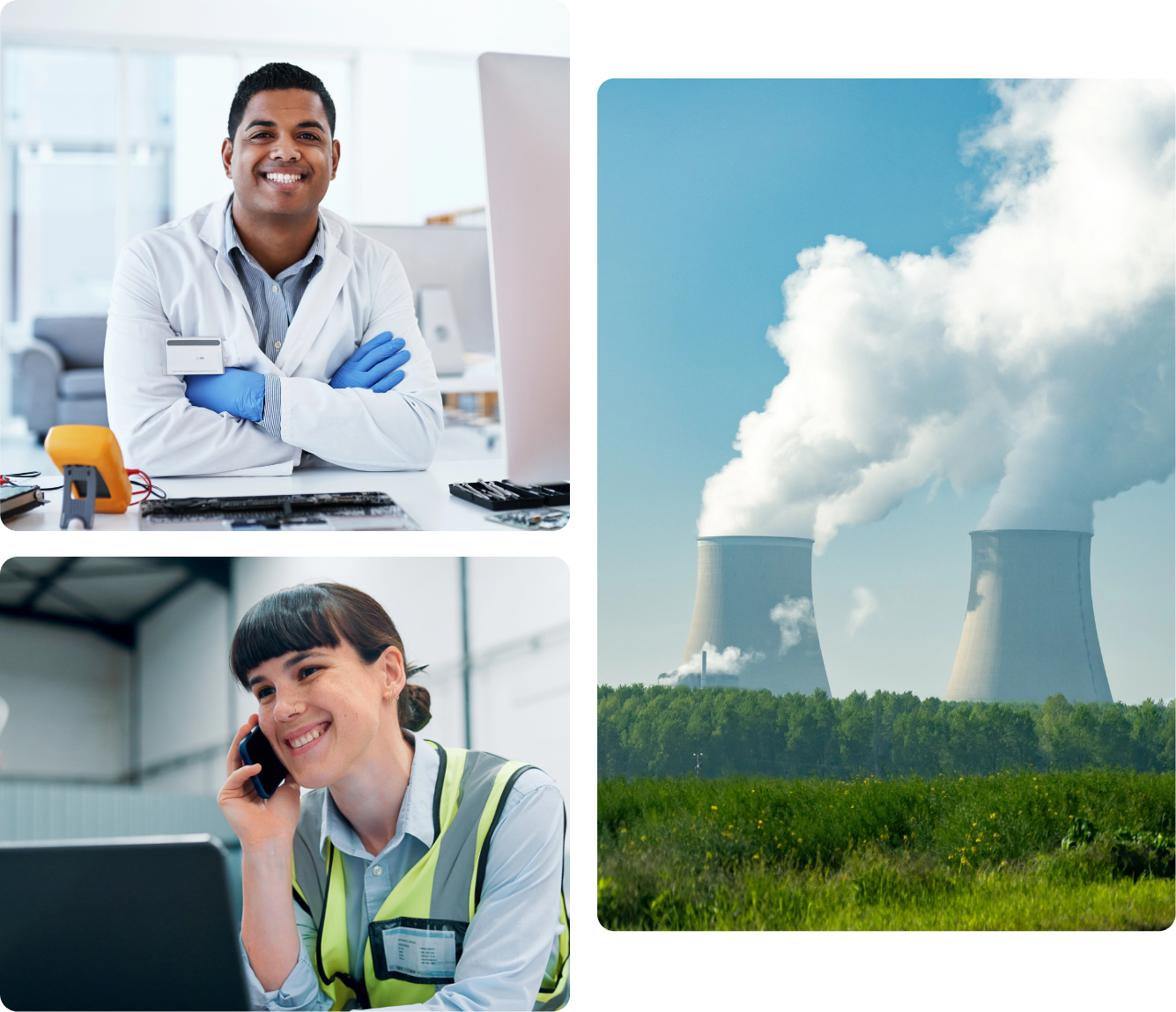 Collage of a technician at a workstation, a power engineering worker on a phone call, and industrial cooling towers