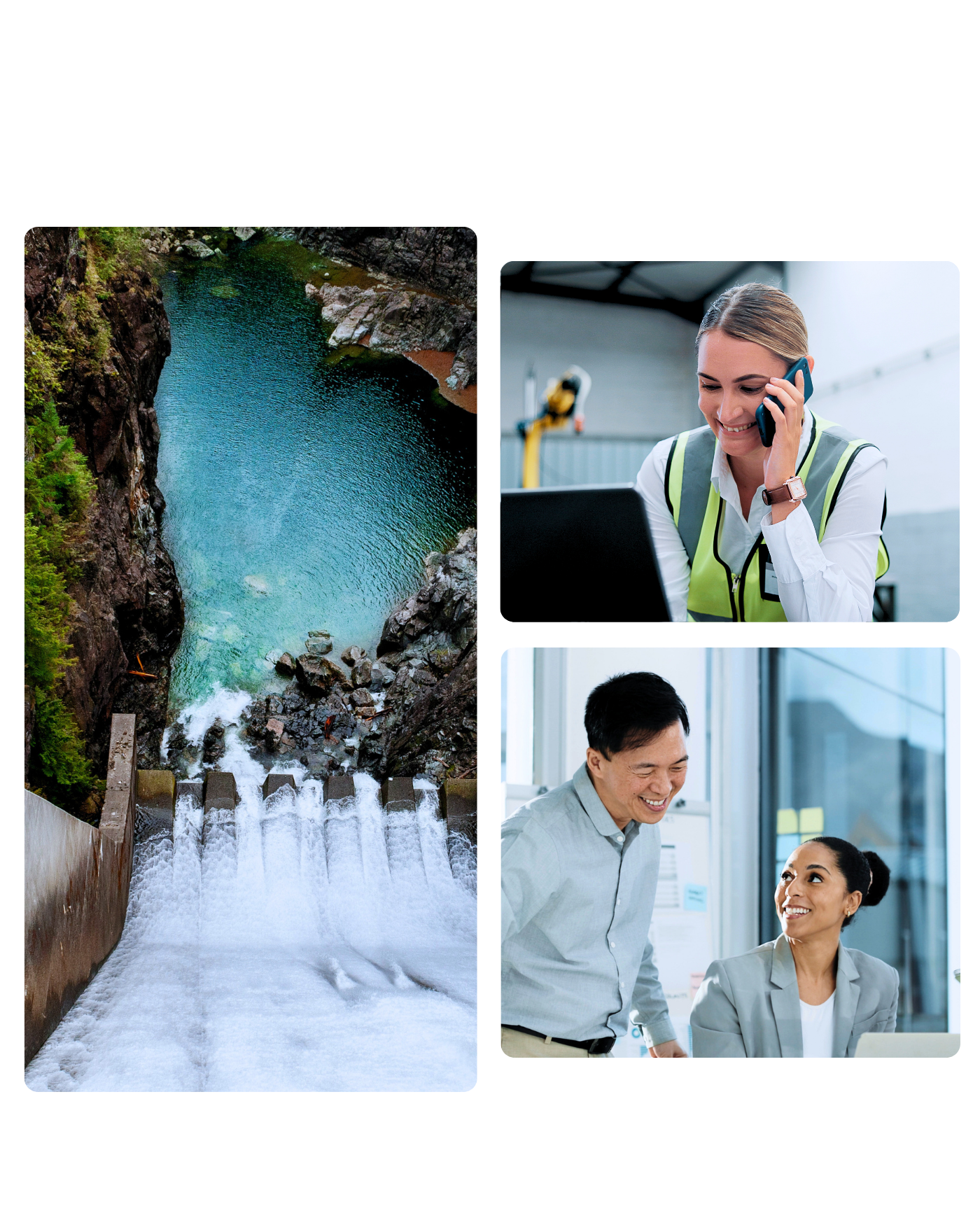Collage of a technician at a workstation, a power engineering worker on a phone call, and industrial cooling towers