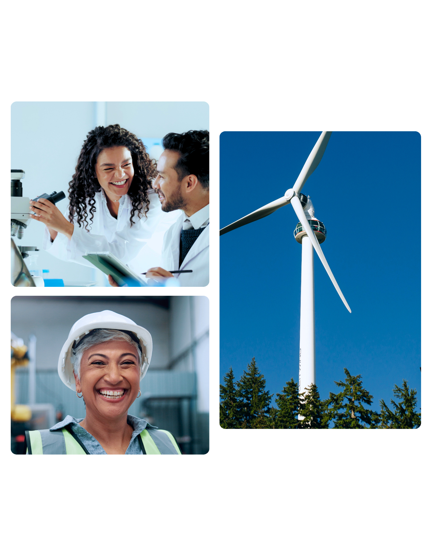 Collage of colleagues collaborating in a lab, a smiling worker in a hard hat, and a wind turbine against a blue sky