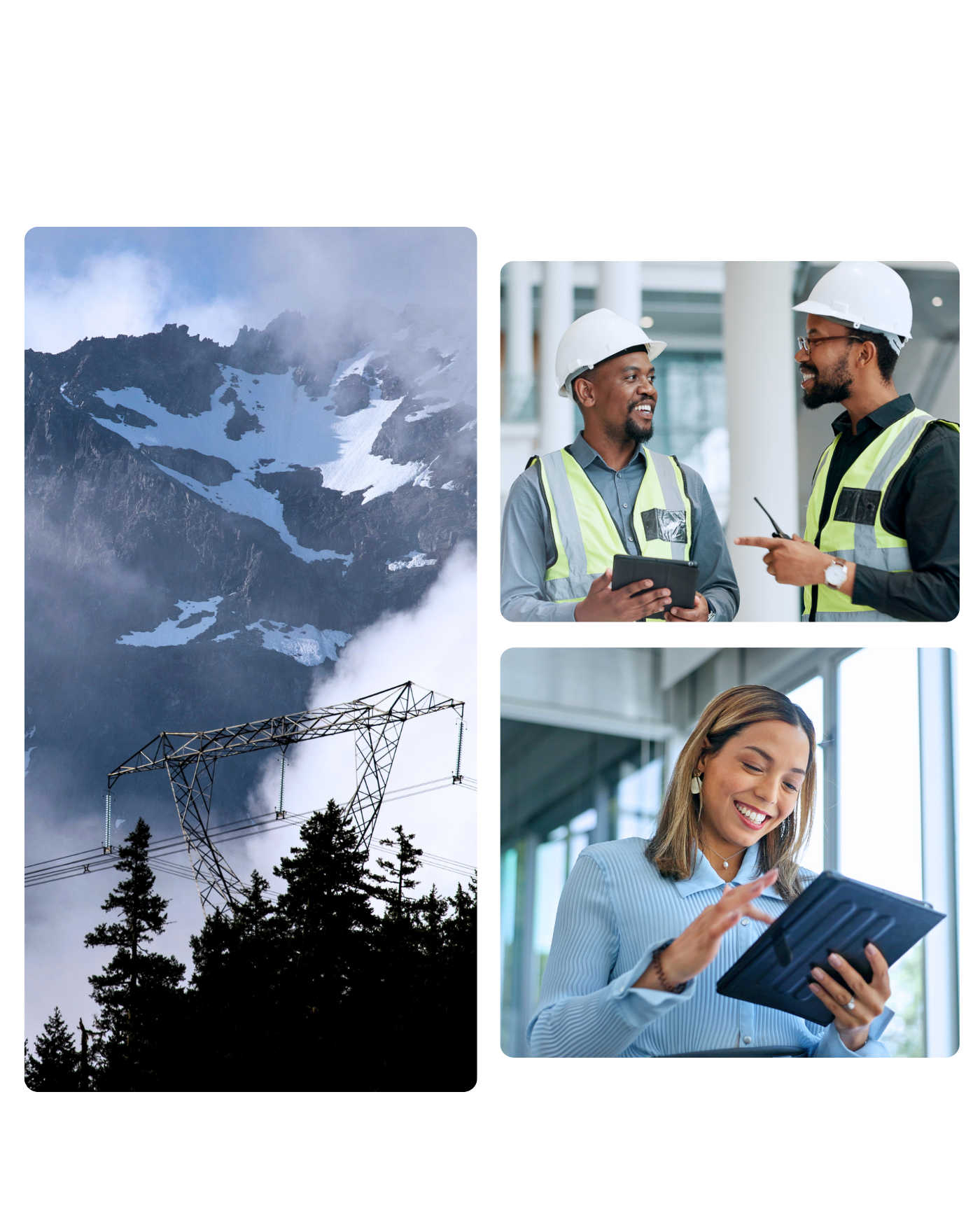 Collage of snow-capped mountains, two engineers in hard hats discussing work, and a colleague reviewing a tablet