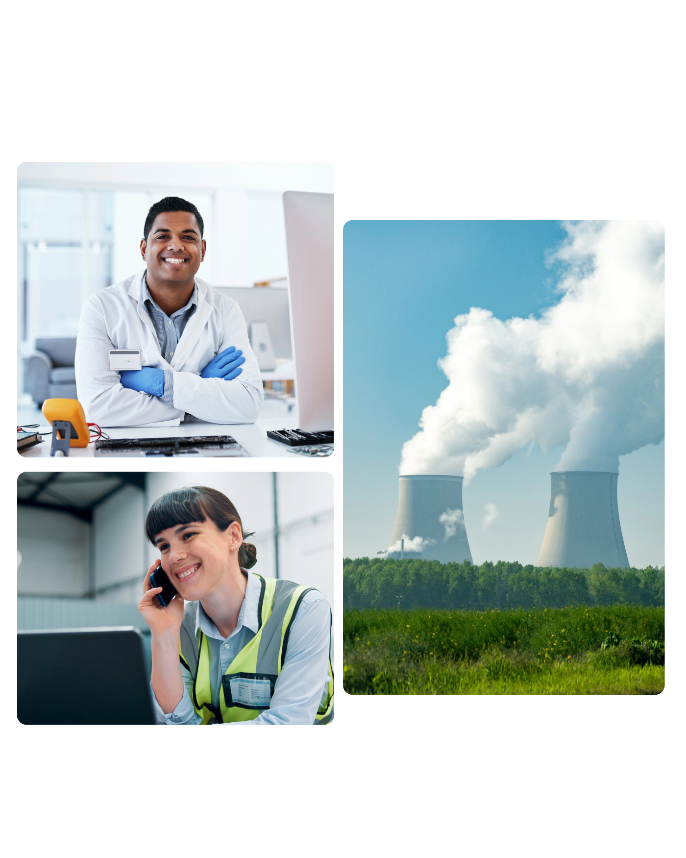 Collage of a technician at a workstation, a power engineering worker on a phone call, and industrial cooling towers