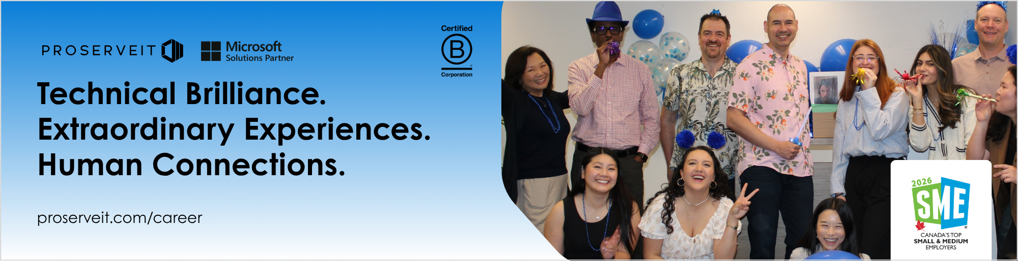 ProServeIT team celebrating together, highlighting a people-first culture as a Microsoft Solutions Partner and one of Canada’s Top Small and Medium Employers.