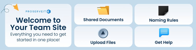 Illustration of a SharePoint team site welcome page showing key onboarding resources, including shared documents, file uploads, naming conventions, and support information for team members.