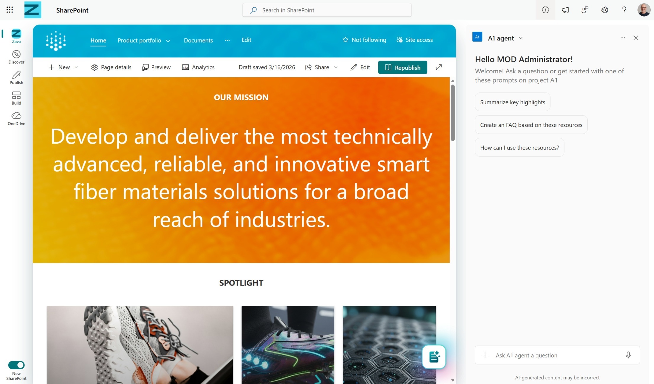 A SharePoint agent chat within a company SharePoint