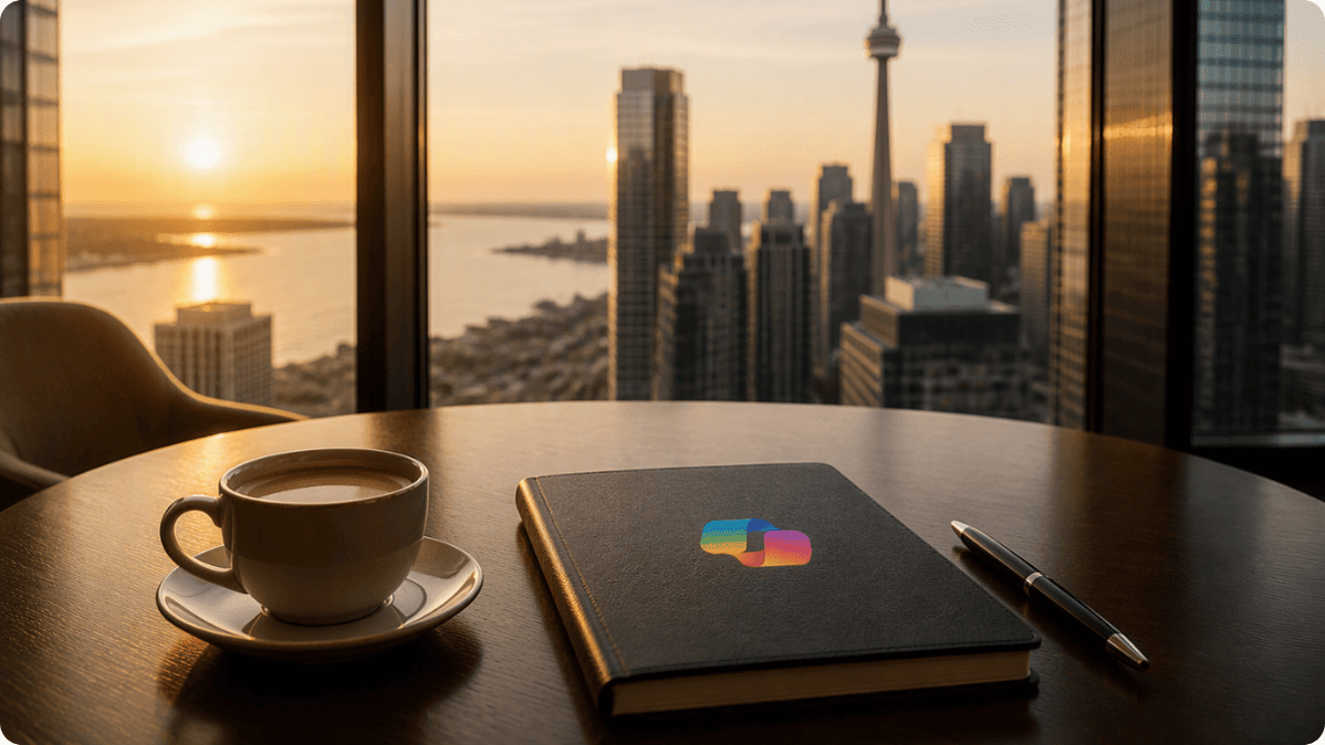 Toronto Copilot Adoption Executive Breakfast featuring a coffee, notebook, and sunrise skyline view with the CN Tower.