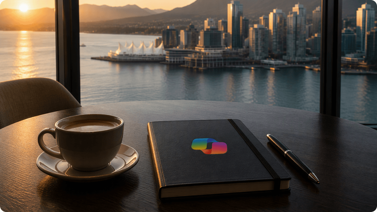 Executive breakfast setting overlooking Vancouver waterfront with a coffee, Copilot notebook, and pen on a table at sunrise.