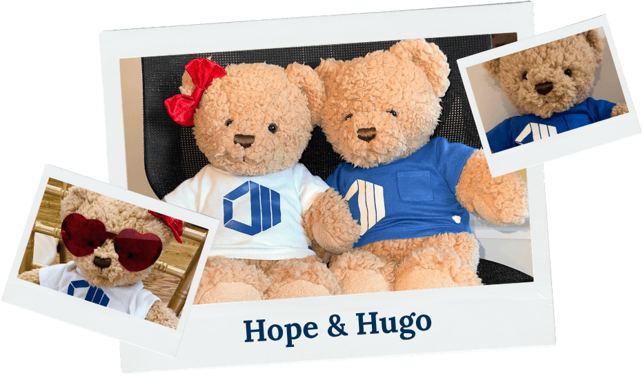 Hope and Hugo, ProServeIT's mascots, featured in a playful photo collage wearing branded apparel.