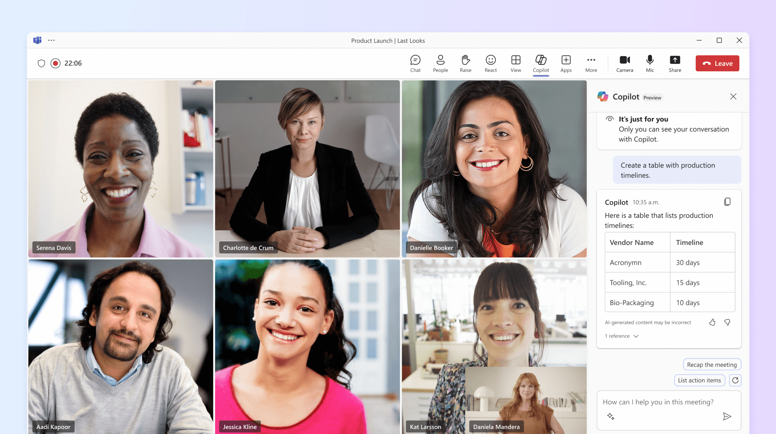 An image of Microsoft 365 Copilot in Teams meetings
