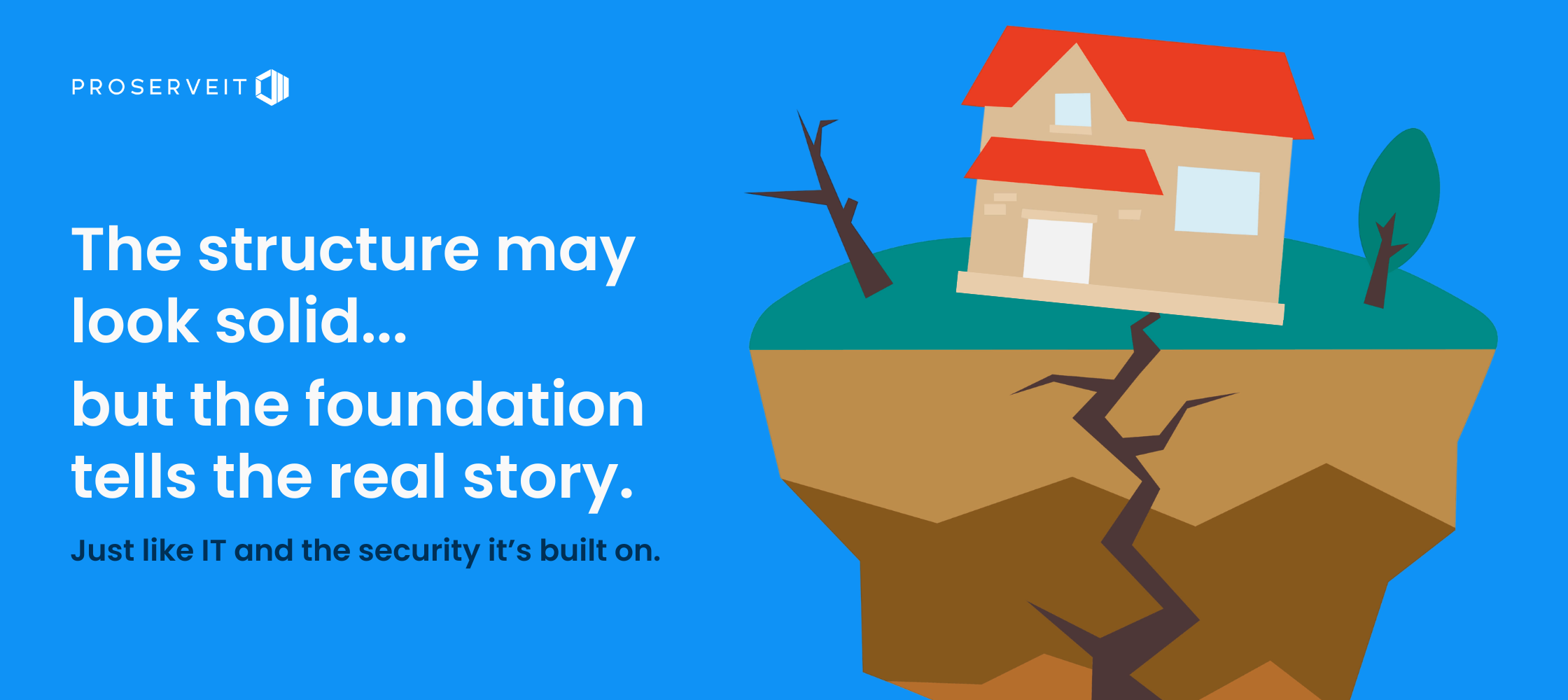 A house sitting on cracked ground illustrates how IT may appear stable while security weaknesses in the foundation create hidden business risk.