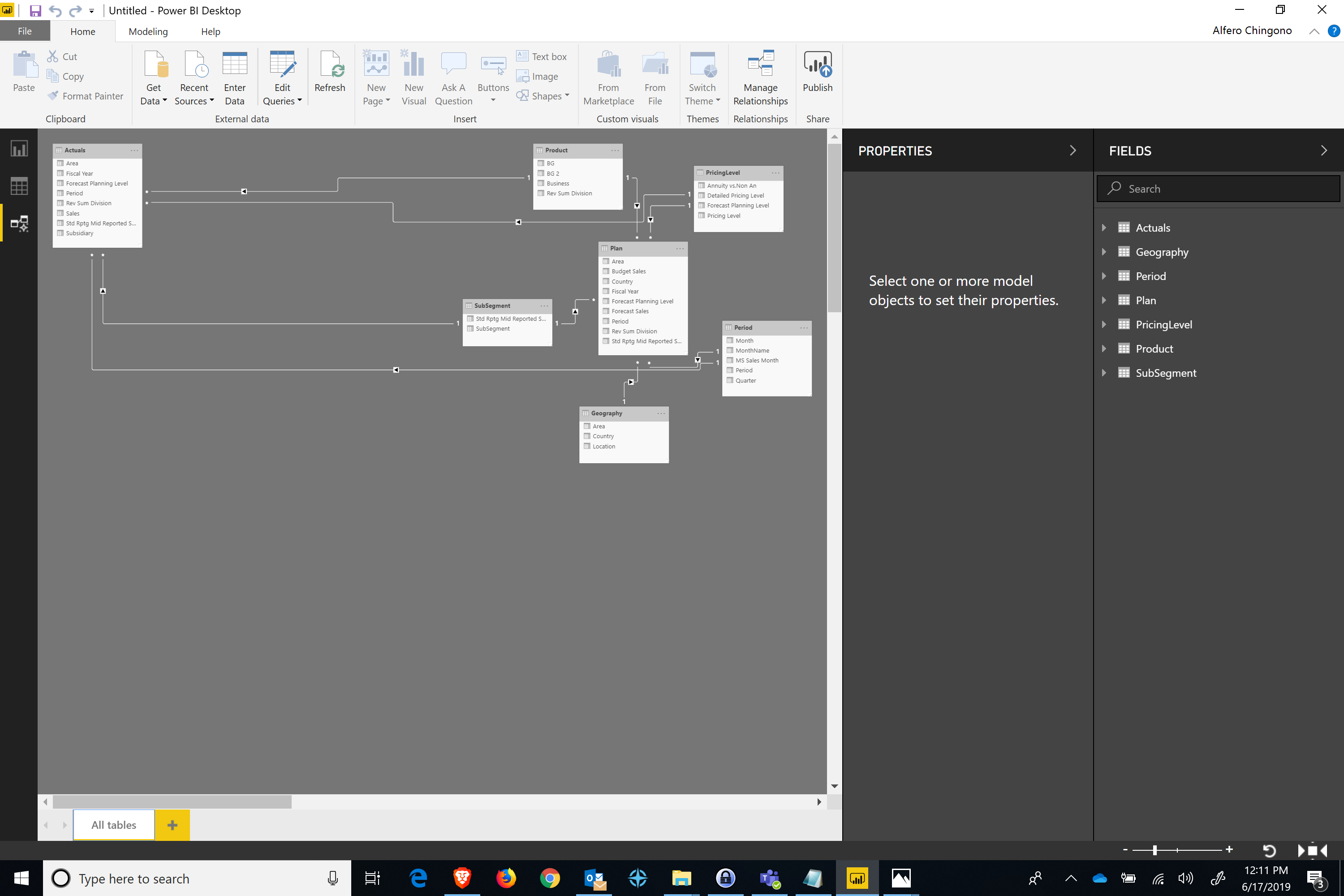 Step 2: From here, you can select the various model objects to set their properties and determine the relationship between data sets.